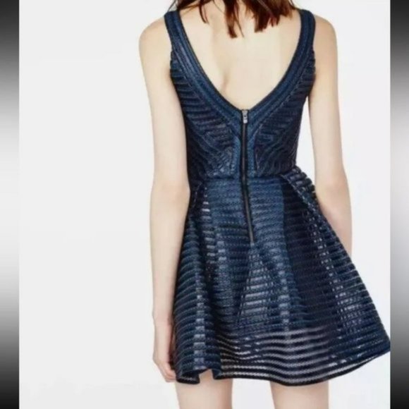 Maje Paris Rosemount black and blue mesh  stripe fit and flare cocktail dress 2 - Picture 2 of 16